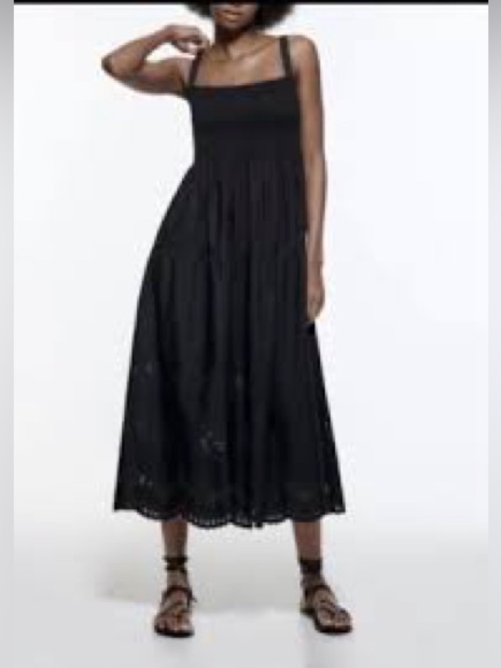 Zara - Eyelet Cutwork Smocked Boho Sleeveless Black Midi Dress Size Medium